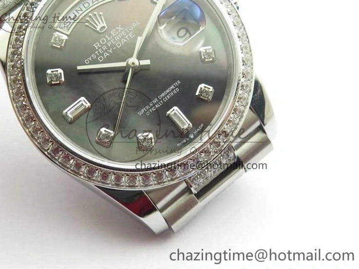 0517 SmoothTexture Day-Date 36mm 128239 SS Crystal BP Best Edition Black MOP Crystal Marker Dial on SS President Bracelet A 2681